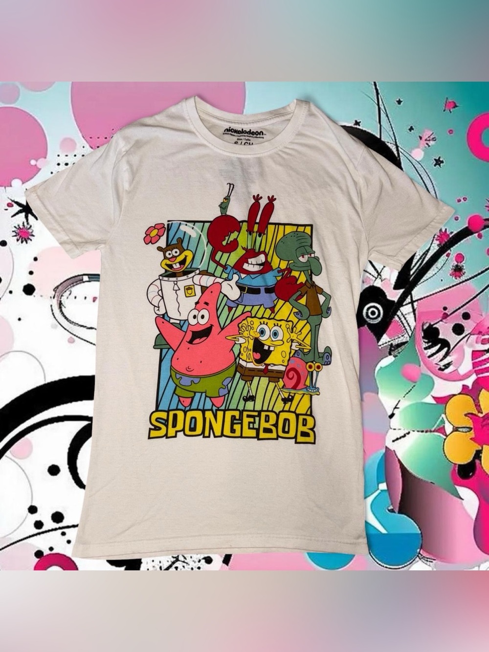 y2k style slim fit spongebob graphic tee - nickelodeon, sz sm, can fit xs
